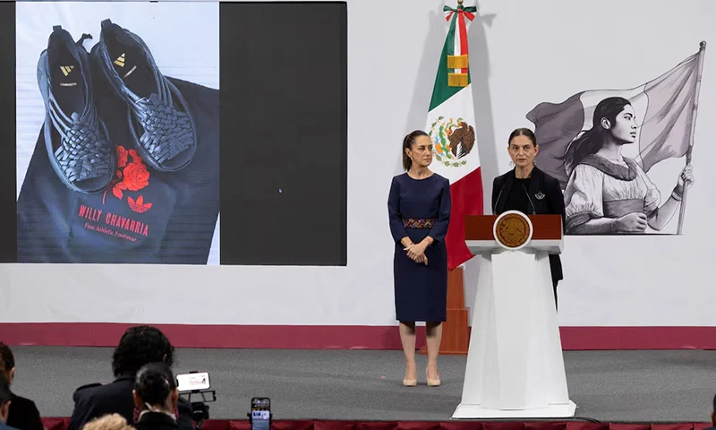 Marina Nunez Bespalova, Mexico’s Undersecretary of Cultural Development, speaks during President Claudia Sheinbaum’s morning press conference at the National Palace to condemn Adidas and U.S. designer Willy Chavarria over the “Oaxaca Slip On” shoe, accused of misappropriating a sandal design rooted in Zapotec Indigenous heritage, in Mexico City, Mexico, August 8, 2025. Presidencia de Mexico/Handout via REUTERS/File Photo