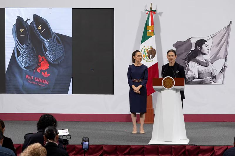 Marina Nunez Bespalova, Mexico’s Undersecretary of Cultural Development, speaks during President Claudia Sheinbaum’s morning press conference at the National Palace to condemn Adidas and U.S. designer Willy Chavarria over the “Oaxaca Slip On” shoe, accused of misappropriating a sandal design rooted in Zapotec Indigenous heritage, in Mexico City, Mexico, August 8, 2025. Presidencia de Mexico/Handout via REUTERS/File Photo