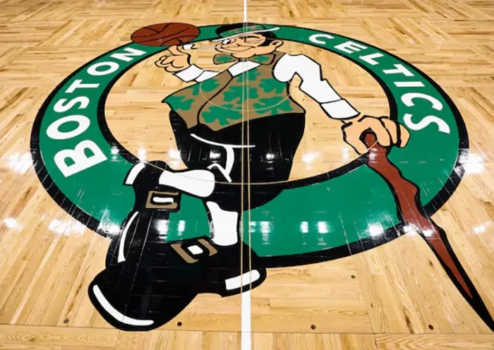 The Boston Celtics logo is seen on the court beofre the game between the Boston Celtics and the Cleveland Cavaliers at TD Garden. Mandatory Credit: Winslow Townson-Imagn Images/File Photo