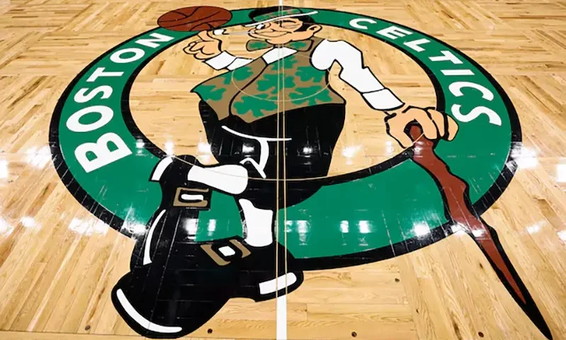 The Boston Celtics logo is seen on the court beofre the game between the Boston Celtics and the Cleveland Cavaliers at TD Garden. Mandatory Credit: Winslow Townson-Imagn Images/File Photo