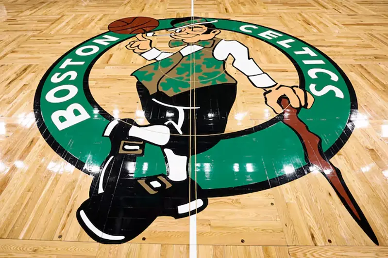 The Boston Celtics logo is seen on the court beofre the game between the Boston Celtics and the Cleveland Cavaliers at TD Garden. Mandatory Credit: Winslow Townson-Imagn Images/File Photo