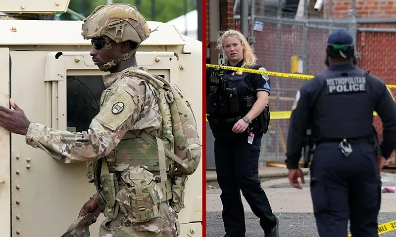 (L) WASHINGTON, DC - AUGUST 21: Members of the South Carolina National Guard patrol outside of Union Station on August 21, 2025 in Washington, DC. The Trump administration has deployed federal officers and the National Guard to the District in order to place the DC Metropolitan Police Department under federal control and assist in crime prevention in the nation's capital. (Photo by Kevin Dietsch/Getty Images) / (R) WASHINGTON, DC - AUGUST 21: Officers with the Metropolitan Police Department respond to a shooting on H Street Northeast on August 21, 2025 in Washington, DC. The Trump administration has deployed federal officers and the National Guard to the District in order to place the DC Metropolitan Police Department under federal control and assist in crime prevention in the nation's capital. (Photo by Kevin Dietsch/Getty Images)
