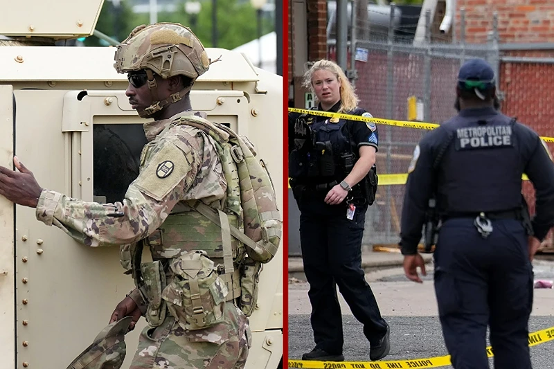 (L) WASHINGTON, DC - AUGUST 21: Members of the South Carolina National Guard patrol outside of Union Station on August 21, 2025 in Washington, DC. The Trump administration has deployed federal officers and the National Guard to the District in order to place the DC Metropolitan Police Department under federal control and assist in crime prevention in the nation's capital. (Photo by Kevin Dietsch/Getty Images) / (R) WASHINGTON, DC - AUGUST 21: Officers with the Metropolitan Police Department respond to a shooting on H Street Northeast on August 21, 2025 in Washington, DC. The Trump administration has deployed federal officers and the National Guard to the District in order to place the DC Metropolitan Police Department under federal control and assist in crime prevention in the nation's capital. (Photo by Kevin Dietsch/Getty Images)
