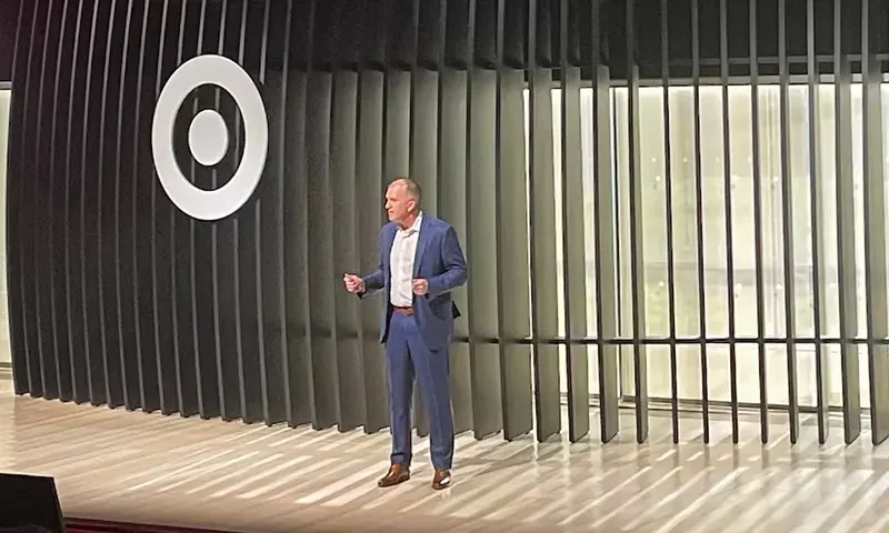 Michael Fiddelke, Target's chief operating officer (COO) who is viewed as the leading internal candidate to be the next CEO, gestures during Target’s financial community meeting at The Times Center in New York, U.S., March 4, 2025. REUTERS/Siddharth Cavale/File Photo