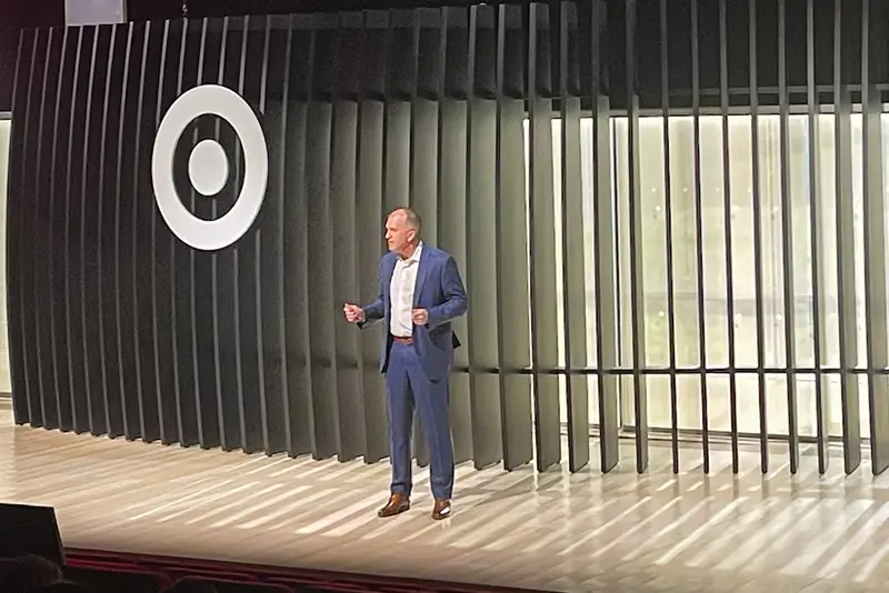 Michael Fiddelke, Target's chief operating officer (COO) who is viewed as the leading internal candidate to be the next CEO, gestures during Target’s financial community meeting at The Times Center in New York, U.S., March 4, 2025. REUTERS/Siddharth Cavale/File Photo