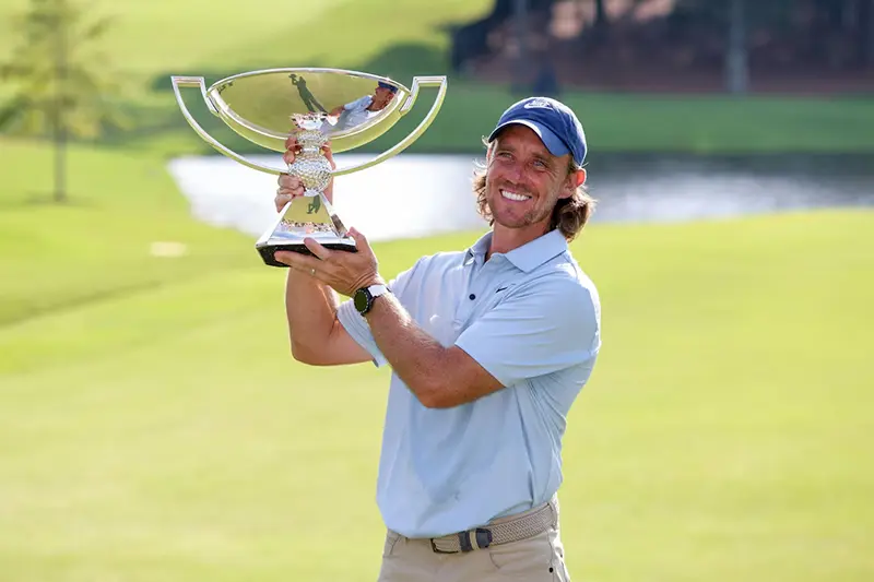 Tommy Fleetwood poses for a photo with the FedExCup Trophy after winning the TOUR Championship golf tournament. Mandatory Credit: Brett Davis-Imagn Images