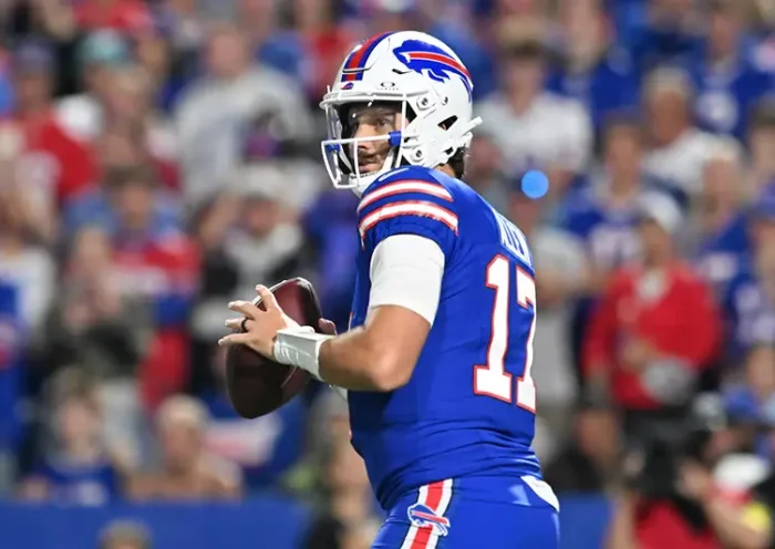 Buffalo Bills quarterback Josh Allen (17) looks to pass against the Miami Dolphins in the first quarte at Highmark Stadium. Mandatory Credit: Mark Konezny-Imagn Images
