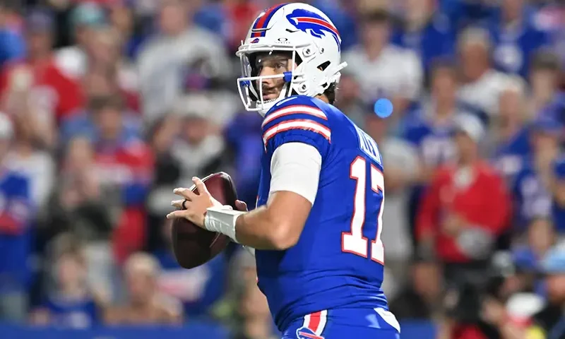 Buffalo Bills quarterback Josh Allen (17) looks to pass against the Miami Dolphins in the first quarte at Highmark Stadium. Mandatory Credit: Mark Konezny-Imagn Images