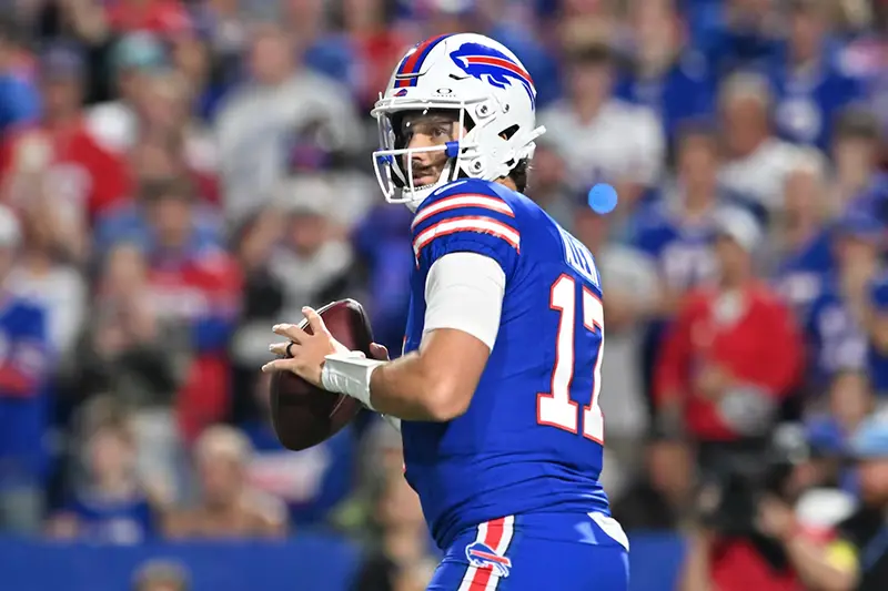 Buffalo Bills quarterback Josh Allen (17) looks to pass against the Miami Dolphins in the first quarte at Highmark Stadium. Mandatory Credit: Mark Konezny-Imagn Images