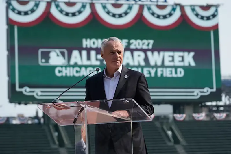 Baseball commissioner Rob Manfred announces Major League Baseball and the Chicago Cubs will host the 2027 All Star game at Wrigley Field. Mandatory Credit: David Banks-Imagn Images/FIle Photo
