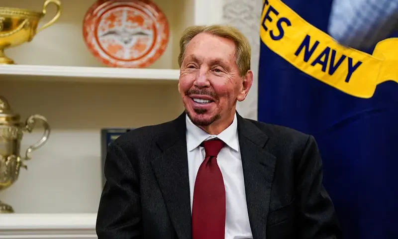 Larry Ellison reacts, at the White House, in Washington, U.S. February 3, 2025. REUTERS/Elizabeth Frantz/File Photo