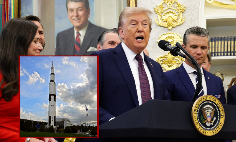 (L) A Saturn V rocket replica is seen outside the Davidson Center for Space Exploration on July 16, 2019, at the U.S. Space & Rocket Center in Huntsville, Alabama. (Photo via LOREN ELLIOTT/AFP via Getty Images)/ (Background) WASHINGTON, DC - SEPTEMBER 02: U.S. President Donald Trump speaks in the Oval Office at the White House on September 2, 2025 in Washington, DC. Following days of speculation about his health from users on social media, President Trump made his first public appearance in a week to announce the moving of Space Command headquarters from Colorado to Alabama. (Photo by Alex Wong/Getty Images)