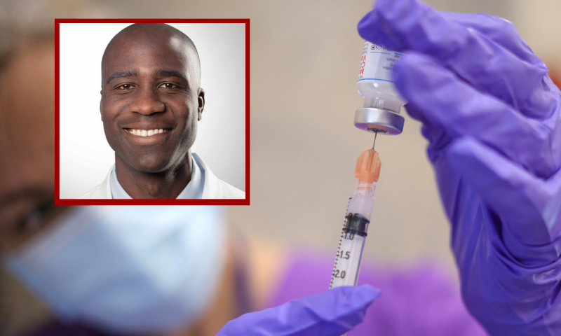 (L) Joseph A. Ladapo, MD, PhD, State Surgeon General of Florida. / (Background) BOWIE, MARYLAND - MARCH 25: Nurses draw vaccine doses from a vial as Maryland residents receive their second dose of the Moderna coronavirus vaccine at the Cameron Grove Community Center on March 25, 2021 in Bowie, Maryland. The vaccinations were provided by Prince George's County's Mobile Units as vaccinations in Maryland are now over the 20 percent threshold. (Photo by Win McNamee/Getty Images)