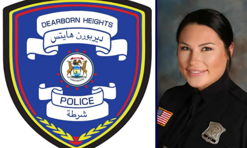 (L) Dearborn Heights Police Department's new optional uniform patch featuring both English and Arabic script. (Photo via: DHPD) / Officer Emily Murdoch - who created the badge. (Photo via: DHPD)