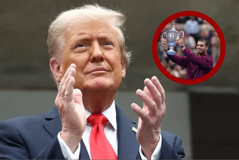 B| US President Donald Trump, attends the men's singles final tennis match between Spain's Carlos Alcaraz and Italy's Jannik Sinner on the last day of the US Open tennis tournament at the USTA Billie Jean King National Tennis Center in New York City, on September 7, 2025. President Donald Trump is to attend the US Open men's final on Sunday, adding the Grand Slam tennis tournament to a list of high-profile sport outings since beginning his new term. (Photo by CHARLY TRIBALLEAU / AFP) (Photo by CHARLY TRIBALLEAU/AFP via Getty Images) C| Carlos Alcaraz of Spain poses with his trophy after defeating Jannik Sinner of Italy during their Men's Singles Final match on Day Fifteen of the 2025 US Open at USTA Billie Jean King National Tennis Center on September 07, 2025 in New York City. (Photo by Matthew Stockman/Getty Images)
