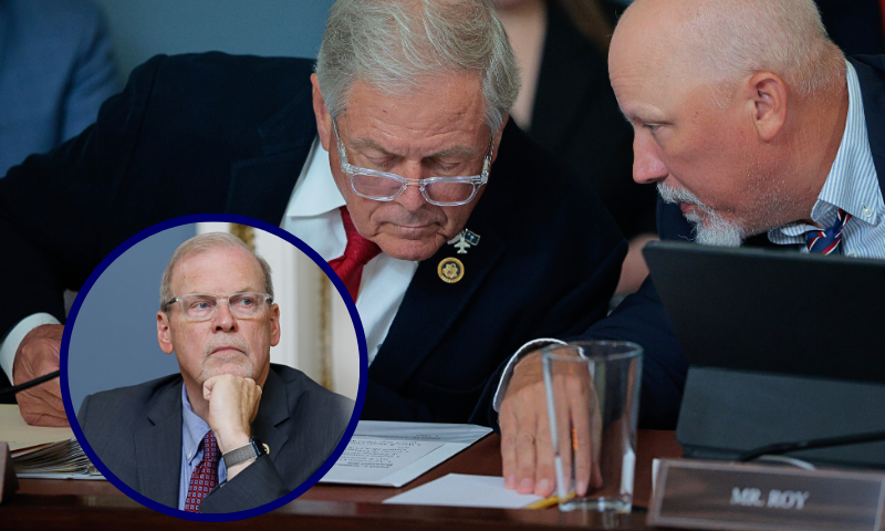 (Background) House Rules Committee members Rep. Ralph Norman (R-SC) (L) and Rep. Chip Roy (R-TX) attend a hearing on July 01, 2025 in Washington, DC. (Photo by Chip Somodevilla/Getty Images) / (L) Rep. Morgan Griffith (R-VA) listens during a House Rules Committee meeting. (Photo by Anna Moneymaker/Getty Images)
