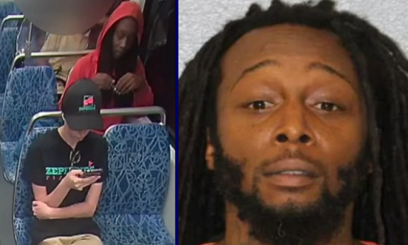 (L) Screenshot image taken of video released by the Charlotte Area Transit System (CATS). (R) Mugshot of accused perpetrator. (Photo via: Charlotte-Mecklenburg Police Department (CMPD))