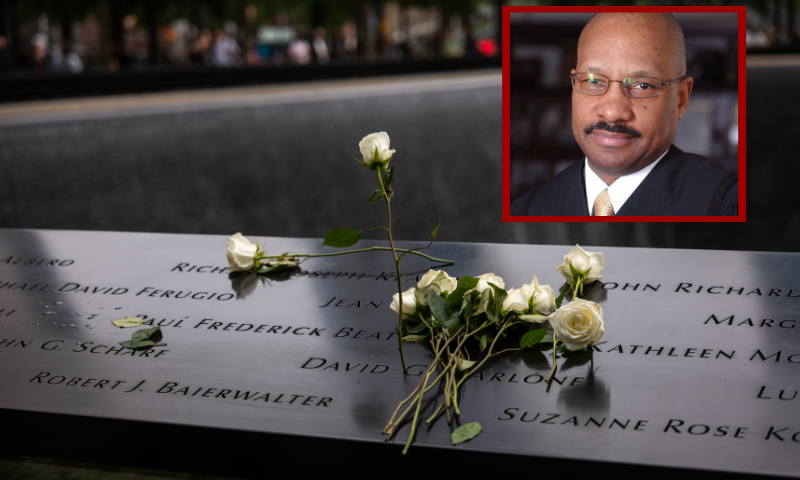 (Background) NEW YORK, NEW YORK - SEPTEMBER 10: Flowers are placed on victims' names at the National September 11 Memorial & Museum on September 10, 2025, in New York City. The nation will commemorate the twenty-fourth anniversary of the attacks on September 11, 2001, which killed 2,977 people at the World Trade Center, the Pentagon, and those aboard Flight 93 in Shanksville, PA. (Photo by Spencer Platt/Getty Images) / (R) Judge George Daniels (Photo via: Judge nycourts.gov)