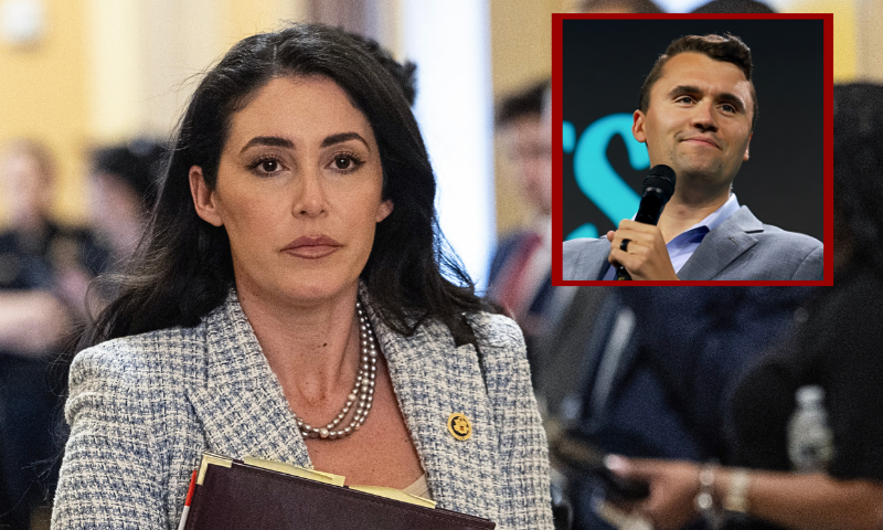 (Background) US Representative Anna Paulina Luna, Republican of Florida, walks past members of the press after coming out of a closed door meeting with victims of Jeffrey Epstein at the US Capitol in Washington, DC, on September 2, 2025. (Photo by ANDREW CABALLERO-REYNOLDS / AFP) (Photo by ANDREW CABALLERO-REYNOLDS/AFP via Getty Images) / (R) WEST PALM BEACH, FLORIDA—JULY 26: Charlie Kirk, who founded Turning Point USA, speaks before former President Donald Trump's arrival during a Turning Point USA Believers Summit conference at the Palm Beach Convention Center on July 26, 2024 in West Palm Beach, Florida. Trump had earlier in the day met with Israeli Prime Minister Benjamin Netanyahu at Mar-a-Lago. (Photo by Joe Raedle/Getty Images).