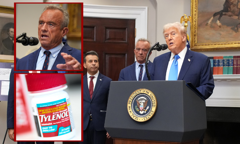 (Background) WASHINGTON, DC - SEPTEMBER 22: U.S. President Donald Trump speaks during an announcement on “significant medical and scientific findings for America’s children” in the Roosevelt Room of the White House on September 22, 2025 in Washington, DC. Federal health officials suggested a link between the use of acetaminophen during pregnancy as a risk for autism, although many health agencies have noted inconclusive results in the research. Trump was joined by (L-R), Director of the National Institutes of Health Jay Bhattacharya, Food and Drug Administration Commissioner Dr. Marty Makary, Health and Human Services Secretary Robert F. Kennedy Jr., Administrator of the Centers for Medicare & Medicaid Services (CMS) Dr. Mehmet Oz and Acting Assistant Health and Human Services Secretary Dorothy Fink. (Photo by Andrew Harnik/Getty Images) / (L-Top) WASHINGTON, DC - SEPTEMBER 22: U.S. Health and Human Services Secretary Robert F. Kennedy Jr., joined by President Donald Trump (L), delivers an announcement on “significant medical and scientific findings for America’s children” in the Roosevelt Room of the White House on September 22, 2025 in Washington, DC. Federal health officials suggested a link between the use of acetaminophen during pregnancy as a risk for autism, although many health agencies have noted inconclusive results in the research. (Photo by Andrew Harnik/Getty Images) / (L-Bottom) In this photo illustration, Tylenol packages are displayed, in Los Angeles, California, on September 22, 2025. US President Donald Trump on September 22, 2025 urged pregnant people not to take Tylenol over an unproven link to autism, and urged major changes to the standard vaccines given to babies. The announcement comes as the White House has vowed to revolutionize health in the United States, as experts across medicine and science voice broad concern over the administration's (Photo by VALERIE MACON / AFP) (Photo by VALERIE MACON/AFP via Getty Images)