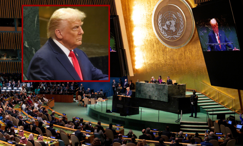 (L) NEW YORK, NEW YORK - SEPTEMBER 23: U.S. President Donald Trump addresses the United Nations (UN) General Assembly during the 80th session of the annual event on September 23, 2025, in New York City. This year’s theme for the annual global meeting is “Better together: 80 years and more for peace, development, and human rights.” (Photo by Spencer Platt/Getty Images) / (Background) NEW YORK, NEW YORK - SEPTEMBER 23: A general view as U.S. President Donald Trump speaks during the 80th session of the UN’s General Assembly (UNGA) at the United Nations headquarters on September 23, 2025 in New York City. World leaders convened for the 80th Session of UNGA, with this year’s theme for the annual global meeting being “Better together: 80 years and more for peace, development and human rights.” (Photo by Chip Somodevilla/Getty Images)