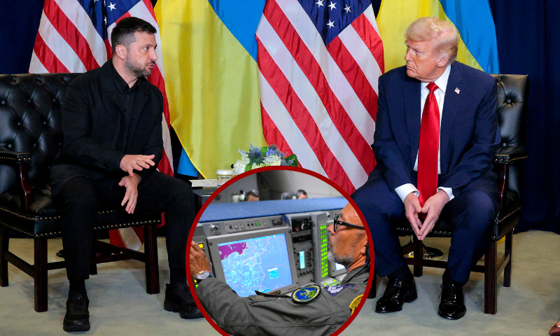 (Background) NEW YORK, NEW YORK - SEPTEMBER 23: President of Ukraine Volodymyr Zelensky (L) speaks during a bilateral meeting with U.S. President Donald Trump at the 80th session of the UN’s General Assembly (UNGA) at the United Nations headquarters on September 23, 2025 in New York City. World leaders convened for the 80th Session of UNGA, with this year’s theme for the annual global meeting being “Better together: 80 years and more for peace, development and human rights.” (Photo by Chip Somodevilla/Getty Images)/ (Center) A NATO AWACS Tactical Director assesses the air and surface situation aboard an AWACS (Airborne Warning and Control System) NATO air surveillance aircraft during a flight over Polish airspace as part of the alliance's new Eastern Sentry mission on September 19, 2025. NATO said on September 19, 2025, it had scrambled aircraft to intercept Russian jets violating Estonian airspace, calling it proof of Moscow's "reckless" behaviour and the alliance's readiness to counter it. (Photo by JOHN THYS / AFP) (Photo by JOHN THYS/AFP via Getty Images)