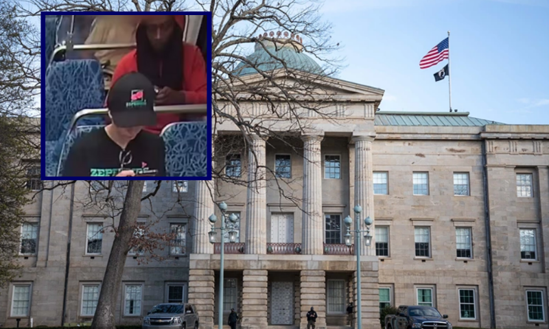 (L) Screenshot taken of video provided by Charlotte Area Transit System. / (Background) Law enforcement stand guard outside of the state capitol building in downtown Raleigh, North Carolina, on January 17, 2021 (LOGAN CYRUS/AFP via Getty Images)