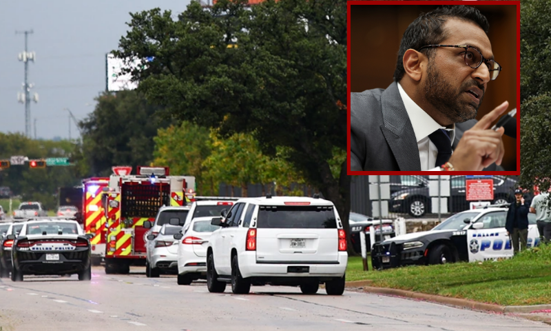 (Background) Law enforcement and emergency personnel respond near the scene of a shooting at a US Immigration and Customs Enforcement (ICE) detention facility in Dallas, Texas, on September 24, 2025. (ARIC BECKER/AFP via Getty Images) / (R) WASHINGTON, DC - SEPTEMBER 17: Federal Bureau of Investigation Director Kash Patel testifies before the House Judiciary Committee in the Rayburn House Office Building on September 17, 2025 in Washington, DC. Patel is facing questions from lawmakers for the second straight day following a contentious hearing before the Senate Judiciary Committee where he was criticized for his handling of investigations into the assassination of political activist Charlie Kirk and the case related to convicted sex offender Jeffrey Epstein. (Photo by Win McNamee/Getty Images)