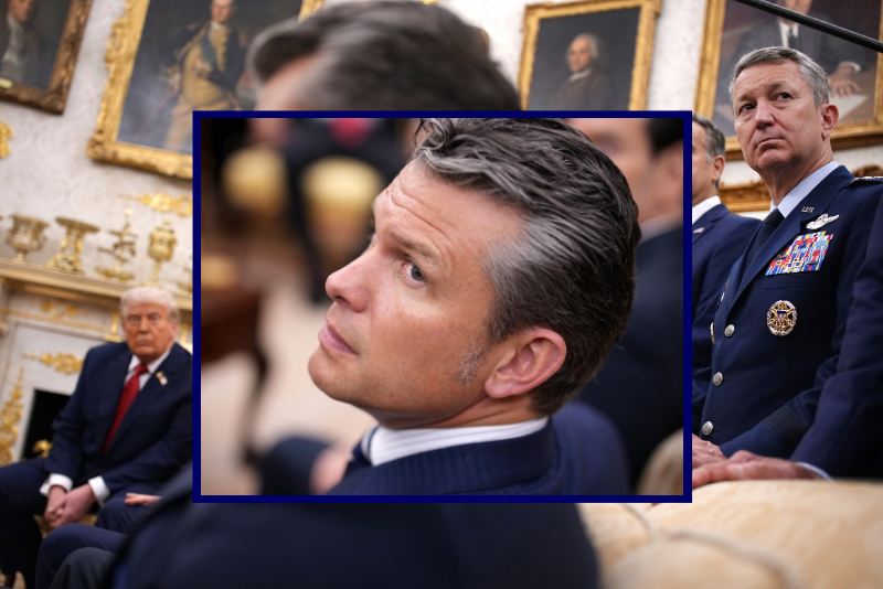 (Background) WASHINGTON, DC - SEPTEMBER 25: U.S. Chairman of the Joint Chiefs of Staff General Dan Caine (R) and Director of the Central Intelligence Agency (CIA) John Ratcliffe stand over Secretary of Defense Pete Hegseth as they attend an Oval Office meeting between U.S. President Donald Trump and President of Turkey Recep Tayyip Erdogan at the White House on September 25, 2025 in Washington, DC. Trump has signaled that the U.S. might lift a ban on F-35 sales to Turkey during Erdogan’s first visit to the White House since 2019. (Photo by Andrew Harnik/Getty Images) / (Center) WASHINGTON, DC - SEPTEMBER 25: U.S. Secretary of War Pete Hegseth attends an Oval Office meeting between U.S. President Donald Trump and President of Turkey Recep Tayyip Erdogan at the White House on September 25, 2025 in Washington, DC. Trump has signaled that the U.S. might lift a ban on F-35 sales to Turkey during Erdogan’s first visit to the White House since 2019. (Photo by Andrew Harnik/Getty Images)
