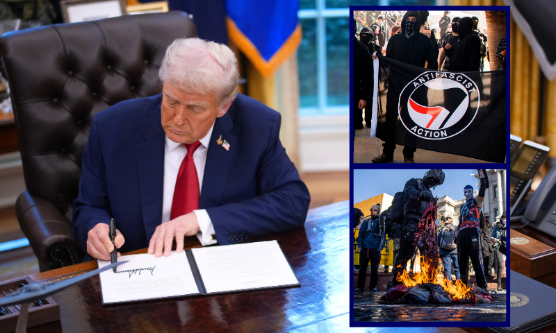 (Background) WASHINGTON, DC - SEPTEMBER 25: U.S. President Donald Trump signs an executive order mandating the death penalty in the District of Columbia in the Oval Office of the White House on September 25, 2025 in Washington, DC. Trump signed proclamations and executive orders, including approving a partial sale of TikTok’s U.S. operations, following a 2024 law requiring parent company ByteDance to divest or face a ban. (Photo by Andrew Harnik/Getty Images) / (R-Top) DENVER, CO - JANUARY 20: Members of the Communist Party USA and other anti-fascist groups burn an American flag on the steps of the Colorado State Capitol on January 20, 2021 in Denver, Colorado. Joe Biden was sworn in as the 46th President of the United States with Vice President Kamala Harris at an inauguration ceremony in Washington DC earlier in the day. (Photo by Michael Ciaglo/Getty Images) / (R-Bottom) TOPSHOT - A pedestrian jogs past counter-protesters, some carrying ANTIFA flags, as they wait to confront a "Patriot March" demonstration in support of US President Donald Trump near the Crystal Pier on January 9, 2021 in the Pacific Beach neighborhood of San Diego, California. (Photo by Patrick T. FALLON / AFP) (Photo by PATRICK T. FALLON/AFP via Getty Images)