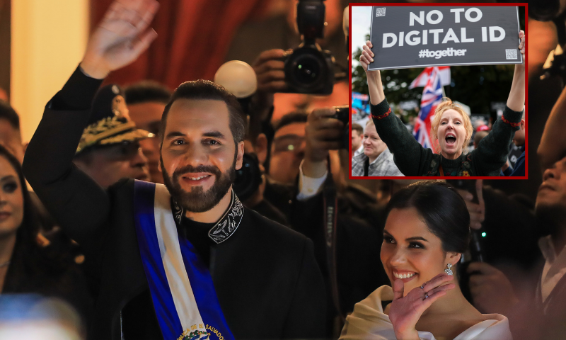 (Background) SAN SALVADOR, EL SALVADOR - JUNE 1: President Nayib Bukele of El Salvador and his wife, Gabriela Bukele, greet supporters after a message to the citizens for the 6 years of Bukele's government at the National Theatre in the Historic Center on June 1, 2025 in San Salvador, El Salvador. (Photo by Alex Peña/Getty Images) / (R) LIVERPOOL, ENGLAND - SEPTEMBER 28: A demonstrator protests against the Labour Government's plans to introduce a Digital ID, outside of the Labour Party's conference in Liverpool on September 28, 2025 in Liverpool, England. Labour Conference is being held against a vastly different backdrop to last year when the party had swept to power in a landslide general election victory. A year on and polling shows three quarters of Britons (74-77%) say they have little to no trust in the party on the cost of living, immigration, taxation, managing the economy, representing people like them, or keeping its promises (Photo by Jeff J Mitchell/Getty Images)