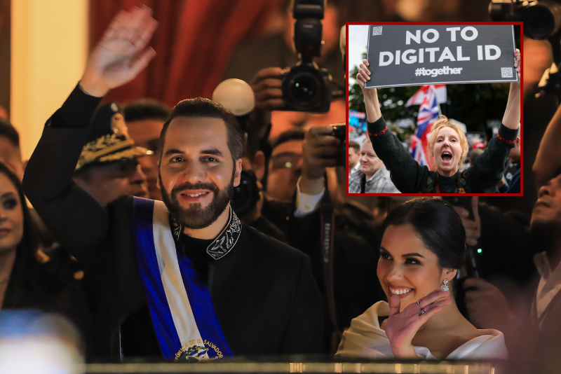 (Background) SAN SALVADOR, EL SALVADOR - JUNE 1: President Nayib Bukele of El Salvador and his wife, Gabriela Bukele, greet supporters after a message to the citizens for the 6 years of Bukele's government at the National Theatre in the Historic Center on June 1, 2025 in San Salvador, El Salvador. (Photo by Alex Peña/Getty Images) / (R) LIVERPOOL, ENGLAND - SEPTEMBER 28: A demonstrator protests against the Labour Government's plans to introduce a Digital ID, outside of the Labour Party's conference in Liverpool on September 28, 2025 in Liverpool, England. Labour Conference is being held against a vastly different backdrop to last year when the party had swept to power in a landslide general election victory. A year on and polling shows three quarters of Britons (74-77%) say they have little to no trust in the party on the cost of living, immigration, taxation, managing the economy, representing people like them, or keeping its promises (Photo by Jeff J Mitchell/Getty Images)