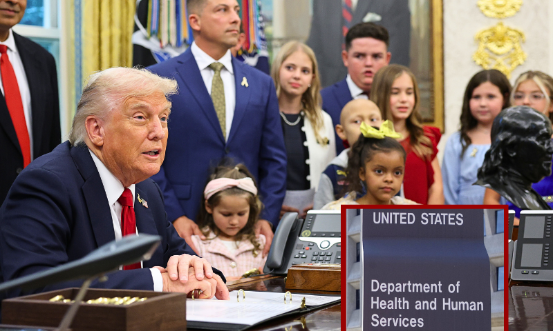 (Background) WASHINGTON, DC - SEPTEMBER 30: U.S. President Donald Trump speaks before signing executive orders in the Oval Office at the White House on September 30, 2025 in Washington, DC. According to Trump, the executive order he was signing will accelerate pediatric cancer research, including by harnessing the power of artificial intelligence. (Photo by Win McNamee/Getty Images) /(R) Washington, UNITED STATES: The US Department of Health and Human Services building is shown in Washington, DC, 21 July 2007. The department, which began operations in 1980, has more than 67,000 employees. AFP PHOTO/Saul LOEB (Photo credit should read SAUL LOEB/AFP via Getty Images)