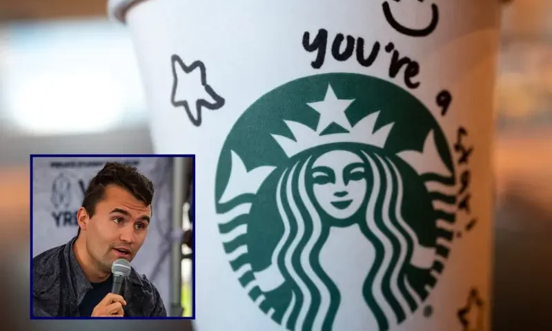 Coffee is served at a Starbucks coffeeshop on February 25, 2025 in Chicago, Illinois. Starbucks announced in an email made public yesterday that it will cut 1,100 jobs companywide and eliminate from its menu several drinks to speed customer service. (Photo by Scott Olson/Getty Images) / Right-wing activist Charlie Kirk debates with CSUN students during his American Comeback tour stop at CSUN in Northridge, Calif., on March 6, 2025. (Photo by Benjamin Hanson / Middle East Images via AFP) (Photo by BENJAMIN HANSON/Middle East Images/AFP via Getty Images)