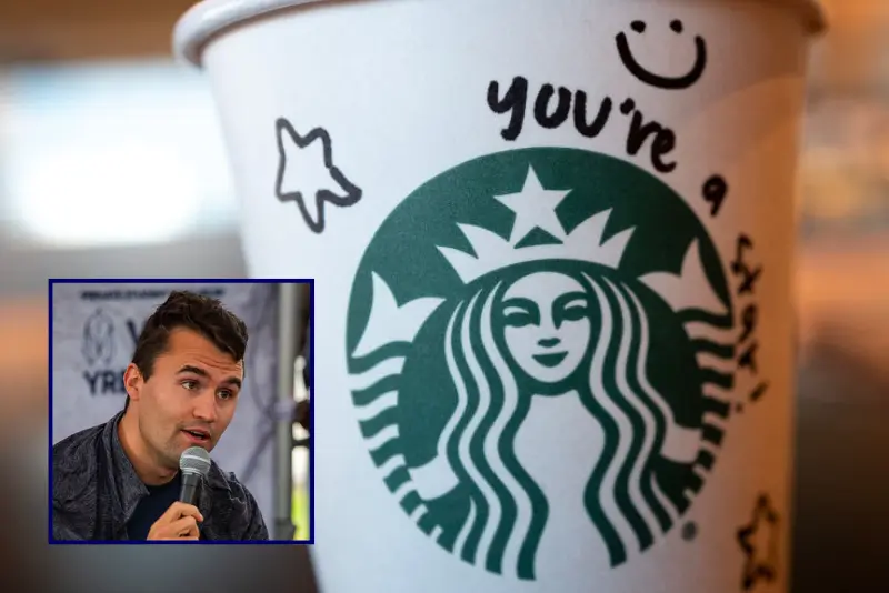 Coffee is served at a Starbucks coffeeshop on February 25, 2025 in Chicago, Illinois. Starbucks announced in an email made public yesterday that it will cut 1,100 jobs companywide and eliminate from its menu several drinks to speed customer service. (Photo by Scott Olson/Getty Images) / Right-wing activist Charlie Kirk debates with CSUN students during his American Comeback tour stop at CSUN in Northridge, Calif., on March 6, 2025. (Photo by Benjamin Hanson / Middle East Images via AFP) (Photo by BENJAMIN HANSON/Middle East Images/AFP via Getty Images)