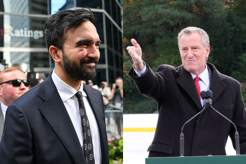 New York City Mayoral candidate Zohran Mamdani departs after speaking during a "March on Wall Street" to call for economic justice on August 28, 2025, in New York City. (Photo by ANGELA WEISS / AFP) (Photo by ANGELA WEISS/AFP via Getty Images) / Mayor Bill De Blasio speaks at the Grand Reopening of Wollman Rink NYC in Central Park on November 14, 2021 in New York City. Wollman Rink NYC is operated by Wollman Park Partners. (Photo by Cindy Ord/Getty Images for Wollman Rink NYC)