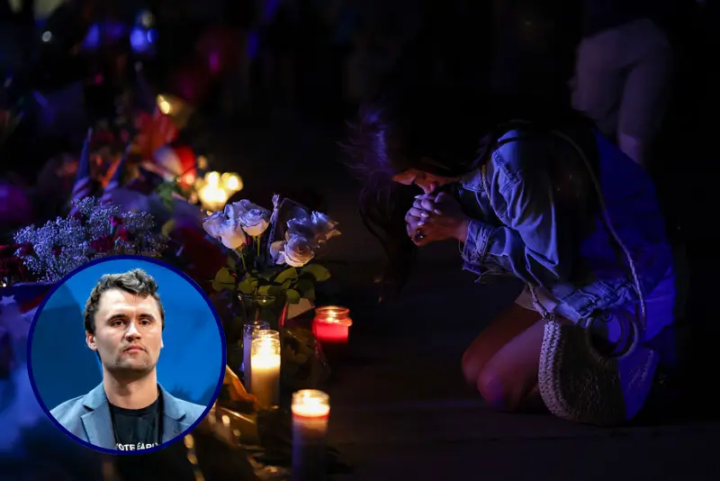 A woman reacts at a memorial for Charlie Kirk at the Turning Point USA headquarters on September 11, 2025 in Phoenix, Arizona. Kirk the CEO and co-founder of Turning Point USA was shot and killed on Wednesday in Utah. on September 11, 2025 in Phoenix, Arizona. (Photo by Eric Thayer/Getty Images) / Conservative political activist Charlie Kirk, founder of Turning Point Action, speaks during a meeting on the campus of the University of Arizona in Tucson on October 17, 2024. Charlie Kirk's Turning Point Action, a conservative campaign group, is working extra hard to get Republican Donald Trump elected, and has hired thousands of canvassers to get out the vote. (Photo by Olivier Touron / AFP) (Photo by OLIVIER TOURON/AFP via Getty Images)