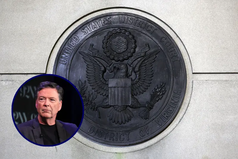 The seal of the U.S. District Court, Eastern District of Virginia is seen on the outside of the Albert V. Bryan United States Courthouse on September 25, 2025 in Alexandria, Virginia. Former FBI Director James Comey was indicted by a Virginia grand jury on charges of making a false statement and obstruction during congressional testimony in 2020. (Photo by Alex Wong/Getty Images) / Nicolle Wallace (L) interviews James Comey onstage during Former FBI Director James Comey In Conversation With MSNBC's Nicolle Wallace at 92NY on May 30, 2023 in New York City. (Photo by Dia Dipasupil/Getty Images)