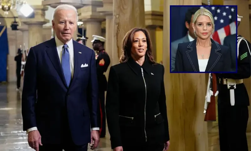 US President Joe Biden and Vice President Kamala Harris arrive ahead of the inauguration of Donald Trump as the 47th president of the United States on January 20, 2025 at the US Capitol in Washington, DC. Trump takes office for his second non-consecutive term as the 47th president of the United States. (Photo by Melina Mara / POOL / AFP) (Photo by MELINA MARA/POOL/AFP via Getty Images) / U.S. Attorney General Pam Bondi attends a press conference at the U.S. Attorney’s Office on August 25, 2025 in the Brooklyn Heights neighborhood of the Brooklyn borough in New York City. Attorney General Bondi announced the guilty plea of Sinaloa cartel co-founder Ismael “El Mayo” Zambada Garcia on federal crimes alongside other law enforcement officials including the U.S. Attorney for the Eastern District of New York Joseph Nocella, Jr., Drug Enforcement Administrator Terrance C. Cole, Homeland Security Investigations Acting Executive Associate Director Derek W. Gordon, and Federal Bureau of Investigation Operations Director Chad Yarbrough. (Photo by Michael M. Santiago/Getty Images)