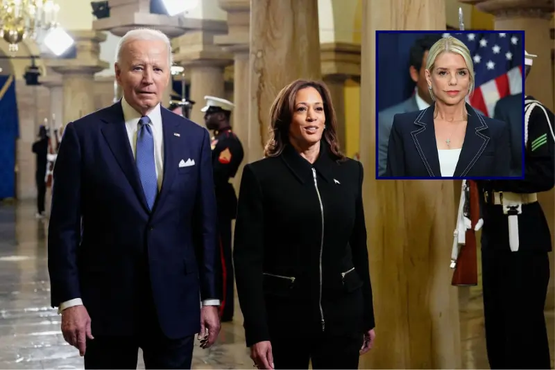US President Joe Biden and Vice President Kamala Harris arrive ahead of the inauguration of Donald Trump as the 47th president of the United States on January 20, 2025 at the US Capitol in Washington, DC. Trump takes office for his second non-consecutive term as the 47th president of the United States. (Photo by Melina Mara / POOL / AFP) (Photo by MELINA MARA/POOL/AFP via Getty Images) / U.S. Attorney General Pam Bondi attends a press conference at the U.S. Attorney’s Office on August 25, 2025 in the Brooklyn Heights neighborhood of the Brooklyn borough in New York City. Attorney General Bondi announced the guilty plea of Sinaloa cartel co-founder Ismael “El Mayo” Zambada Garcia on federal crimes alongside other law enforcement officials including the U.S. Attorney for the Eastern District of New York Joseph Nocella, Jr., Drug Enforcement Administrator Terrance C. Cole, Homeland Security Investigations Acting Executive Associate Director Derek W. Gordon, and Federal Bureau of Investigation Operations Director Chad Yarbrough. (Photo by Michael M. Santiago/Getty Images)