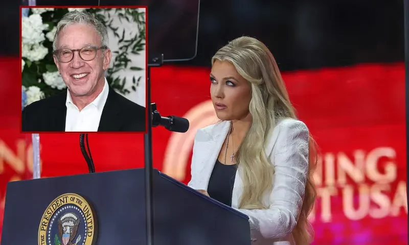 Mrs. Erika Kirk speaks during the memorial service for her husband, political activist Charlie Kirk at State Farm Stadium on September 21, 2025 in Glendale, Arizona. Kirk, the CEO and co-founder of Turning Point USA, was shot and killed on September 10th while speaking at an event during his "American Comeback Tour" at Utah Valley University. (Photo by Eric Thayer/Getty Images) / Tim Allen attends the 2025 Disney Upfront at Javits Center on May 13, 2025 in New York City. (Photo by Arturo Holmes/Getty Images)