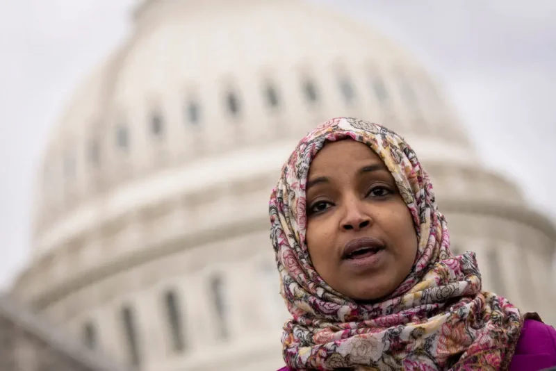WASHINGTON, DC - JANUARY 26: Rep. Ilhan Omar (D-MN) speaks during a news conference marking the 6th anniversary of the Trump administrations Executive Order 13769, also known as the Muslim ban, outside the U.S. Capitol on January 26, 2023 in Washington, DC. On January 27, 2017, President Trump enacted the ban, banning people from seven predominantly Muslim countries from entering the U.S. (Photo by Drew Angerer/Getty Images)