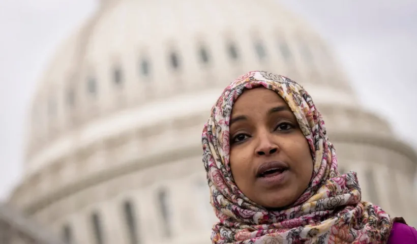 WASHINGTON, DC - JANUARY 26: Rep. Ilhan Omar (D-MN) speaks during a news conference marking the 6th anniversary of the Trump administrations Executive Order 13769, also known as the Muslim ban, outside the U.S. Capitol on January 26, 2023 in Washington, DC. On January 27, 2017, President Trump enacted the ban, banning people from seven predominantly Muslim countries from entering the U.S. (Photo by Drew Angerer/Getty Images)