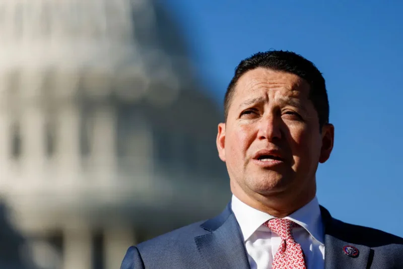 WASHINGTON, DC - NOVEMBER 14: U.S. Rep. Tony Gonzales (R-TX) speaks alongside U.S. Rep. Marjorie Taylor Greene (R-GA) at a news conference on border security outside of the U.S. Capitol Building on November 14, 2023 in Washington, DC. The House Republicans spoke to reporters about the tabled impeachment motion for U.S. Homeland Security Secretary Alejandro Mayorkas and the southern border. (Photo by Anna Moneymaker/Getty Images)