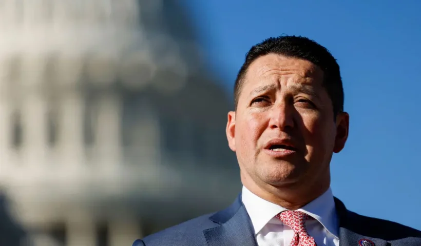 WASHINGTON, DC - NOVEMBER 14: U.S. Rep. Tony Gonzales (R-TX) speaks alongside U.S. Rep. Marjorie Taylor Greene (R-GA) at a news conference on border security outside of the U.S. Capitol Building on November 14, 2023 in Washington, DC. The House Republicans spoke to reporters about the tabled impeachment motion for U.S. Homeland Security Secretary Alejandro Mayorkas and the southern border. (Photo by Anna Moneymaker/Getty Images)