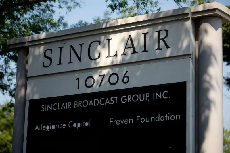 COCKEYSVILLE, MARYLAND - JULY 17: The sign for Sinclair Broadcast Group, Inc. is seen near their headquarters on July 17, 2024 in Cockeysville, Maryland. Sinclair is the second-largest television station operator in the U.S., with 193 stations across the country in over 100 markets. (Photo by Kevin Dietsch/Getty Images)