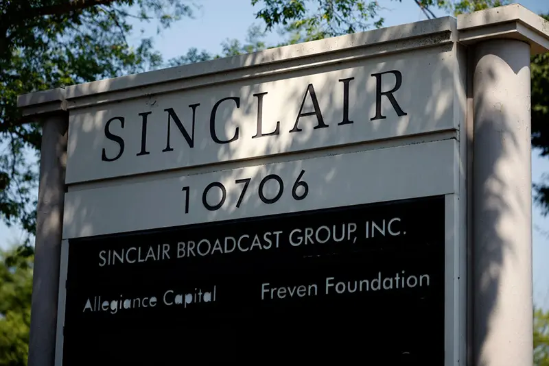 The sign for Sinclair Broadcast Group, Inc. is seen near their headquarters on July 17, 2024 in Cockeysville, Maryland. (Photo by Kevin Dietsch/Getty Images)