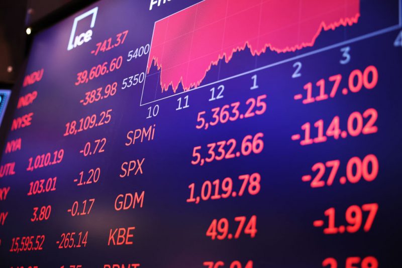 NEW YORK, NEW YORK - AUGUST 02: Stock market numbers are displayed on a screen at the New York Stock Exchange during afternoon trading on August 02, 2024 in New York City. Stocks closed low after the July jobs report showed a slow down in the labor market, with the Dow Jones closing with a loss of over 600 points after being nearly down 1000 points and Nasdaq closing at a loss of over 400 points. (Photo by Michael M. Santiago/Getty Images)