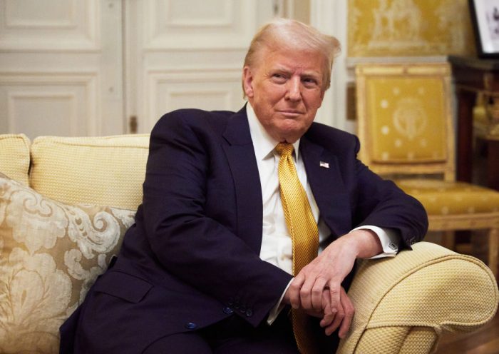 PARIS, FRANCE - DECEMBER 7: President-Elect Donald Trump reacts during his meeting with Prince William, Prince of Wales at the Embassy of the United Kingdom's Residence on December 7, 2024 in Paris, France. Donald Trump was among the wave of foreign dignitaries descending on Paris this weekend to attend a reopening ceremony at Notre-Dame Cathedral, more than five years after it was damaged in a major fire. (Photo by Oleg Nikishin/Getty Images)