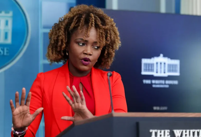 WASHINGTON, DC - JANUARY 10: White House press secretary Karine Jean-Pierre speaks during a press briefing in the James S. Brady Press Briefing Room at the White House on January 10, 2025 in Washington, DC. During the briefing, Jean-Pierre was asked a range of questions about the wildfires across Los Angeles. (Photo by Kayla Bartkowski/Getty Images)
